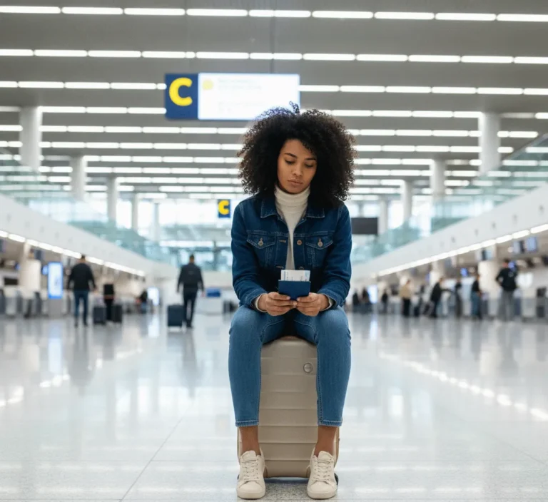 Passager frustré devant le comptoir de l'aéroport après un refus d'embarquement dû au surbooking, tenant sa carte d'embarquement.