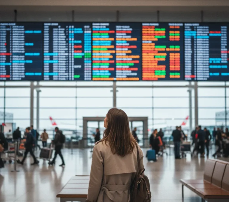Femme observant les écrans d’horaires de vols dans un aéroport