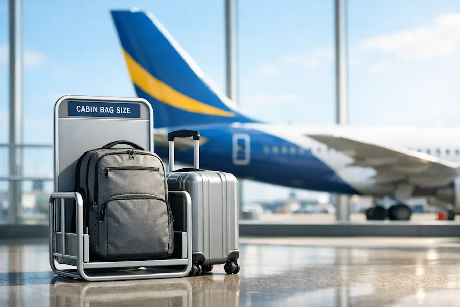 Vérification des dimensions d'un bagage cabine Ryanair 2026 à l'aéroport.
