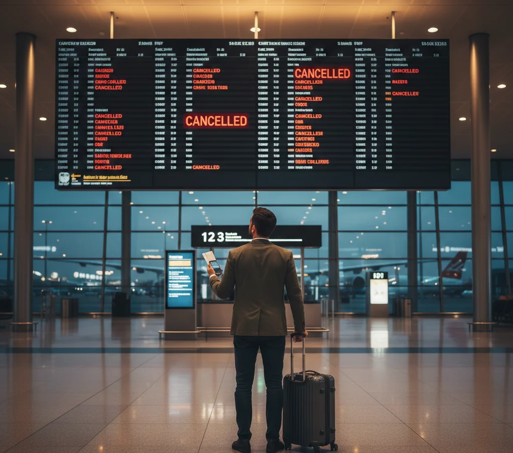 Passager devant un panneau d'affichage indiquant un vol annulé pour cause de grève - ExpertAvion