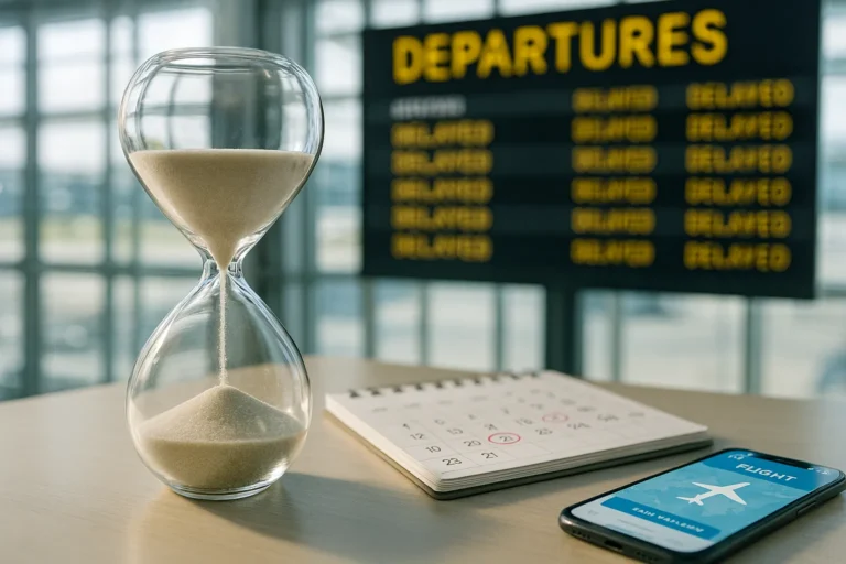 Une horloge devant un écran de départ d'aéroport symbolisant le délai de prescription pour une réclamation de vol.