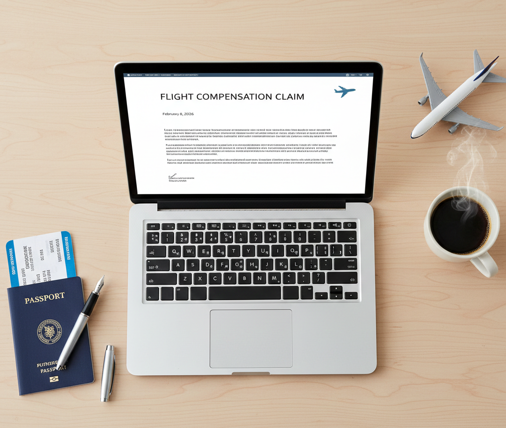 Un voyageur rédigeant une lettre de réclamation pour vol retardé sur son ordinateur avec un passeport à côté