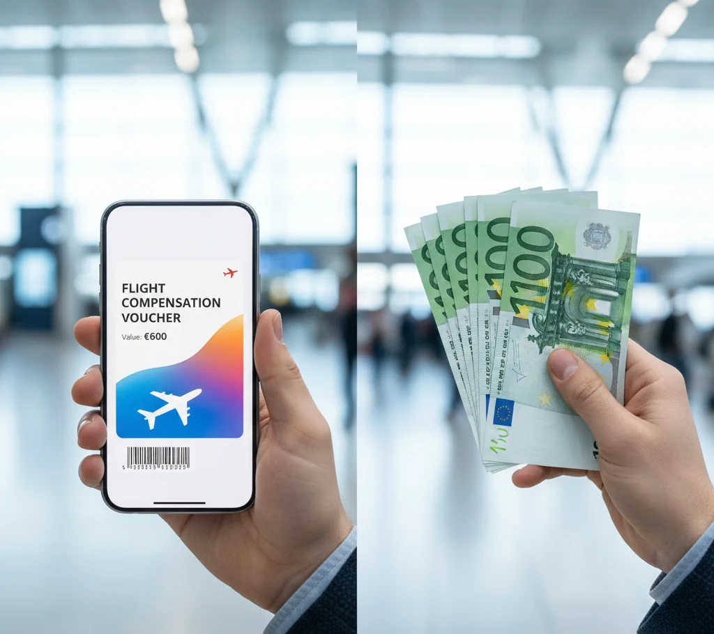 Illustration comparant le remboursement d'un billet d'avion en argent et un avoir de voyage après l'annulation d'un vol